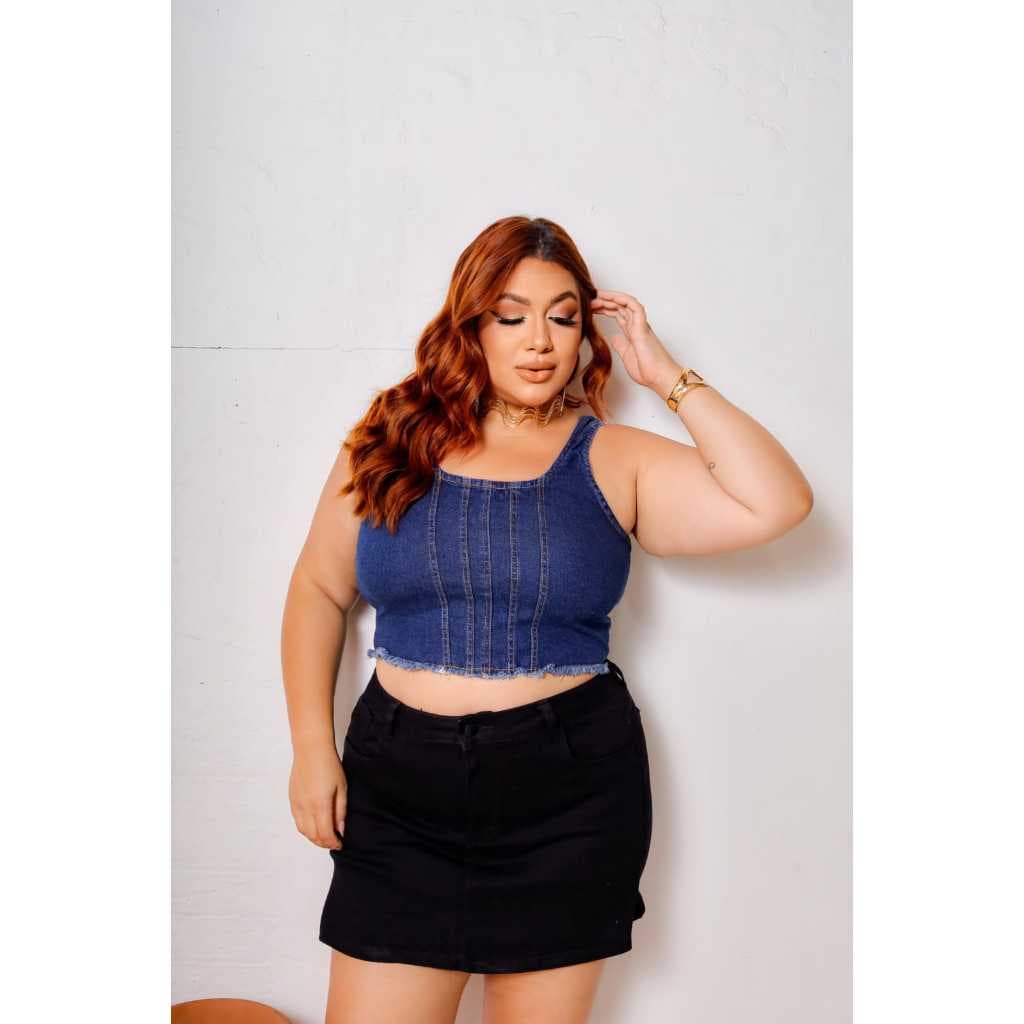 Cropped Jeans Plus Size Alça Larga Estiloso Moda Feminina Ziper nas Costas G1, G2 e G3