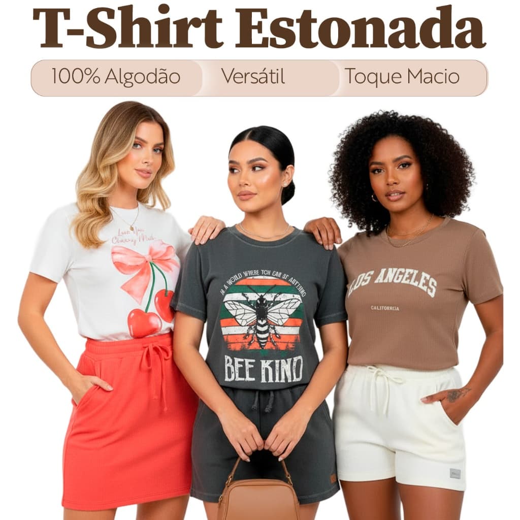 T-shirt Estonada Sortida Feminina 100% Algodão Manga Curta Gola Redonda Casual Elegante