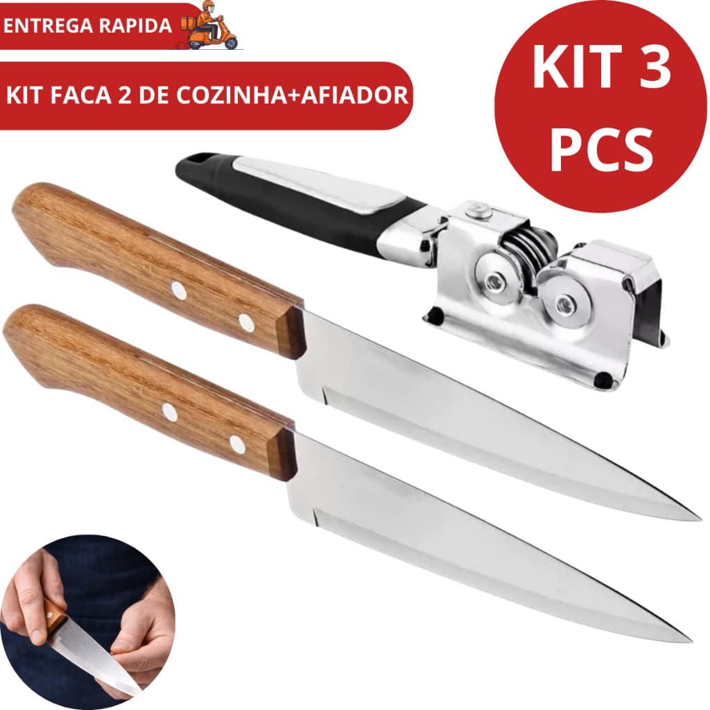 Conjunto Facas Chef Aço Inox 2 Peças Facas Cozinha Profissional+ Afiador 3 Estágios Super Corte