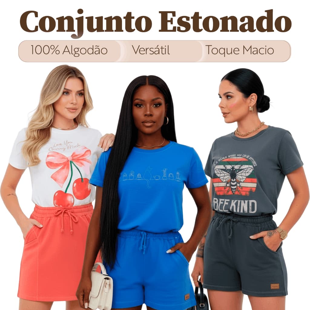 Conjunto Feminino Verão Estonado com Shorts e Camiseta Casual Confortável Look Completo Streetwear Confortável