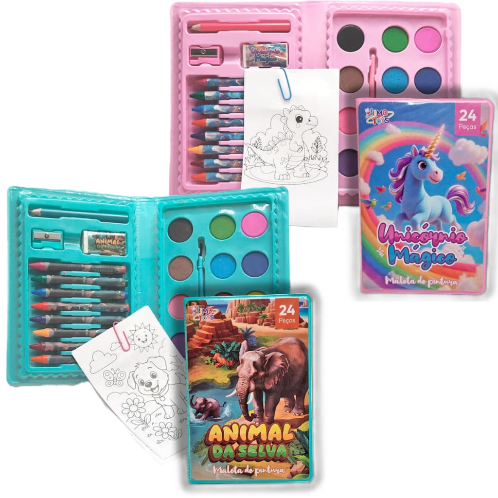 Kit Maleta Pintura Infantil 24/42 Pçs Lápis Giz Canetinhas variadas | Estojo Arte Completo Kids