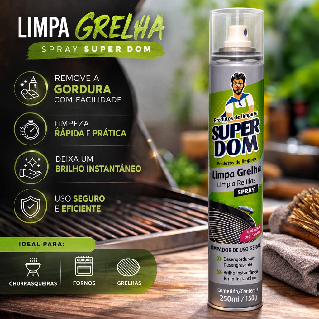 Limpa Grelha Super Dom 250ml Spray Espuma - Remove Gordura Pesada de Churrasqueiras, Grill e Chapas