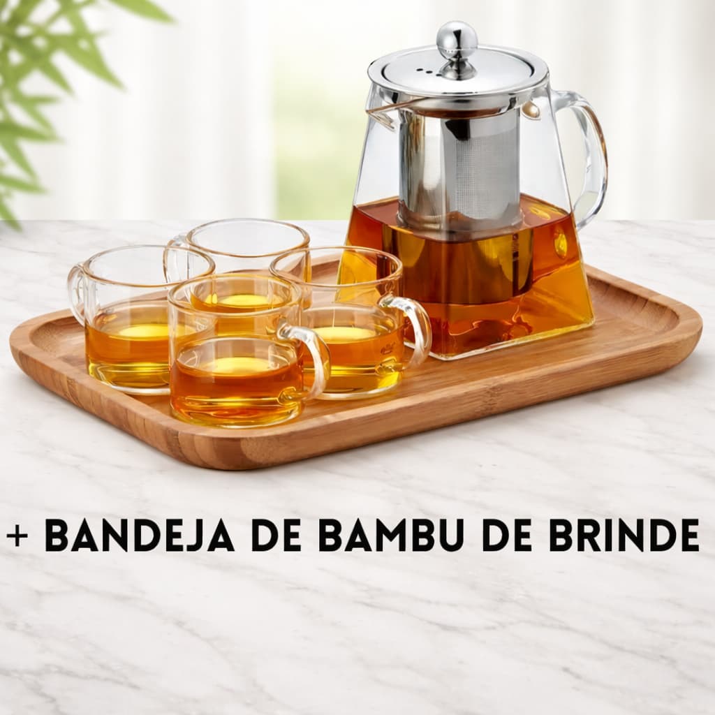 Kit Conjunto Chaleira De Vidro Com Difusor 750ml + Tabua De Bambu/ Chá e Petisco