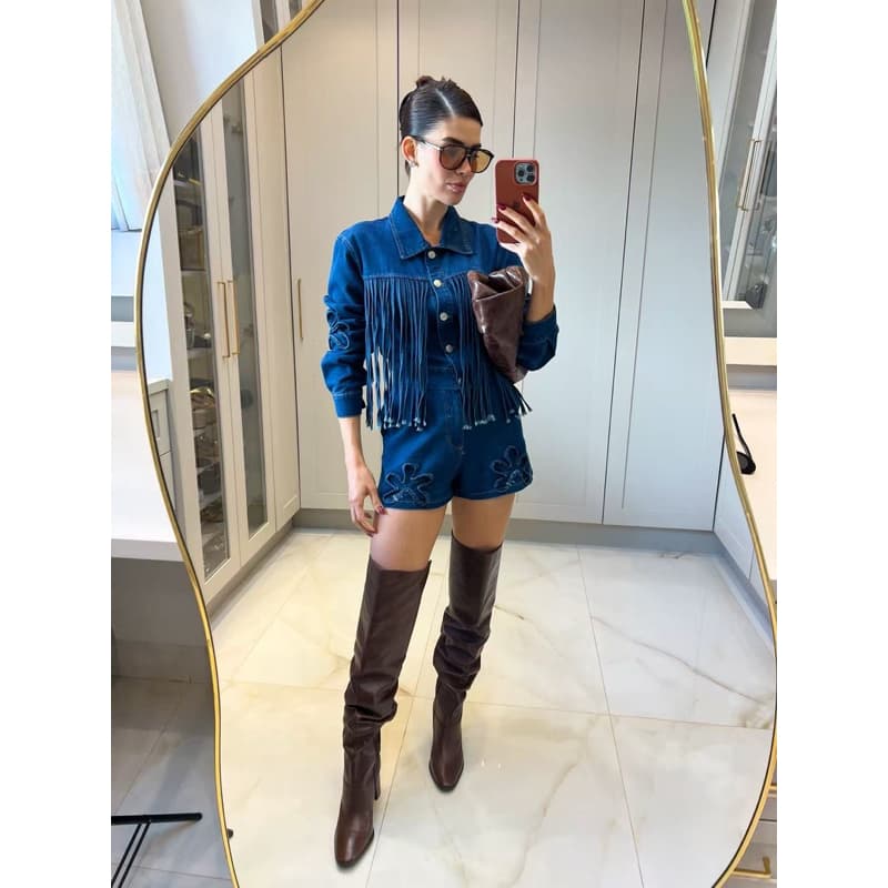 feminina conjunto jeans casaco com short