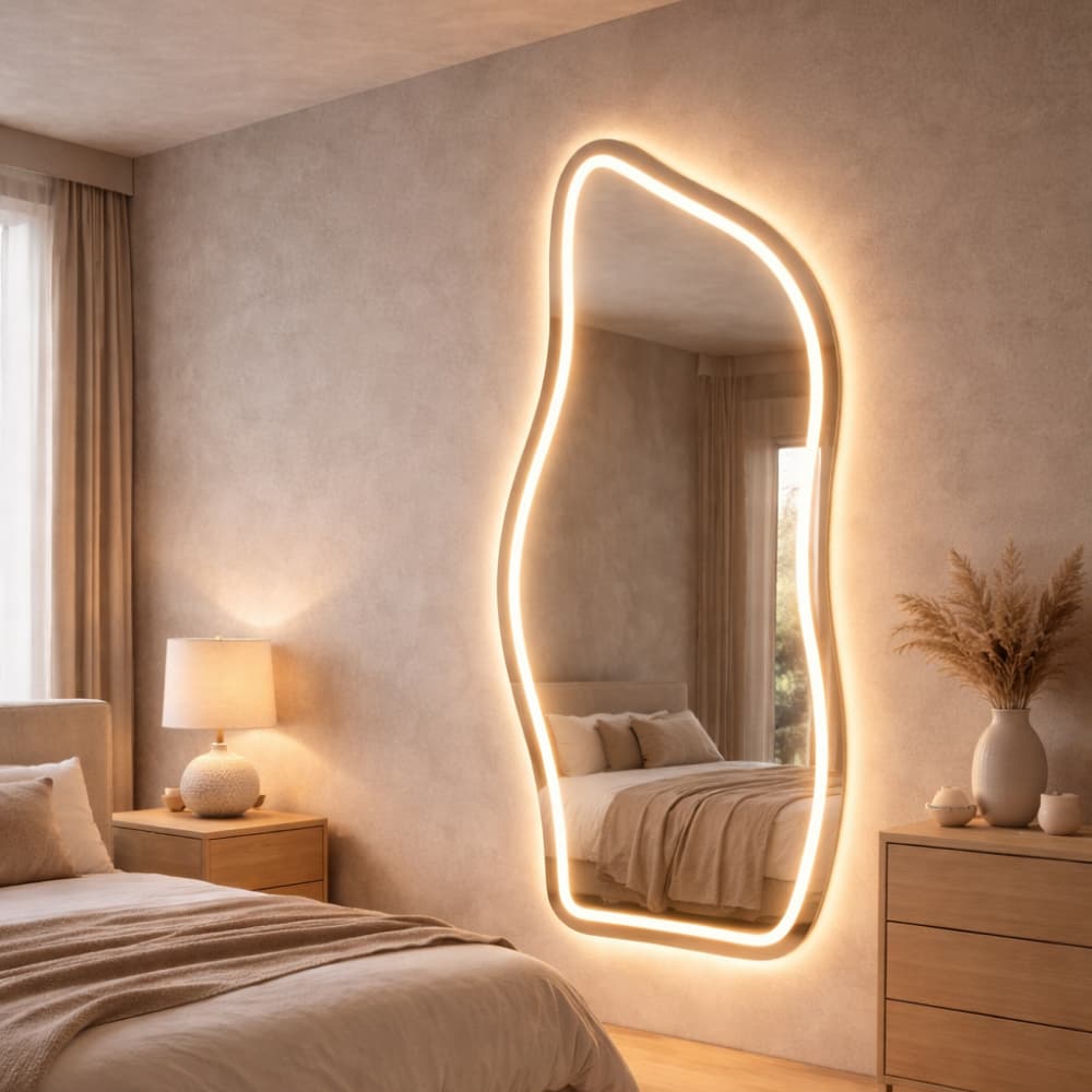 Espelho Orgânico FLAME JATEADO 120x50cm Com LED Touch 3 Cores Decorativo Moderno