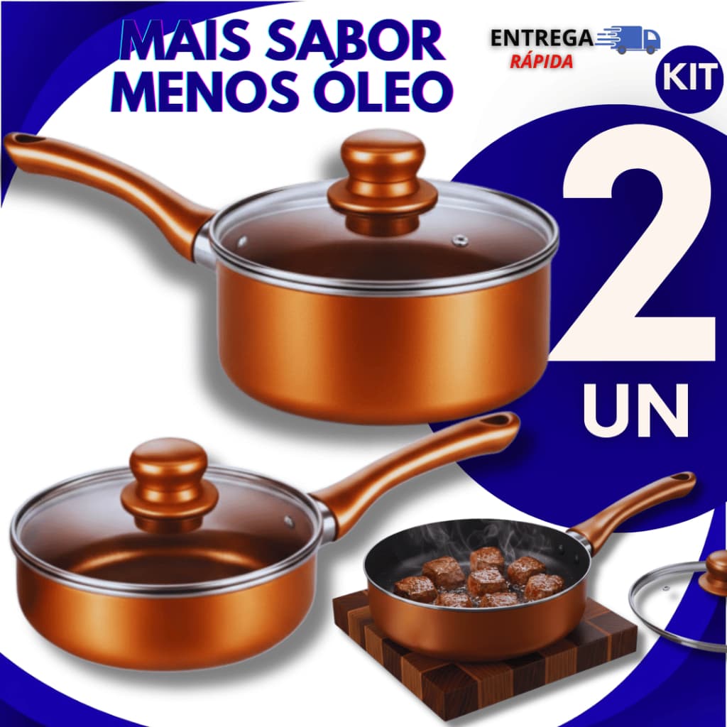 Jogo Panela Antiaderente Tampa de Vidro 16 Cm e 18 Cm Estilo Cobre Panelas Não gruda Utilidades
