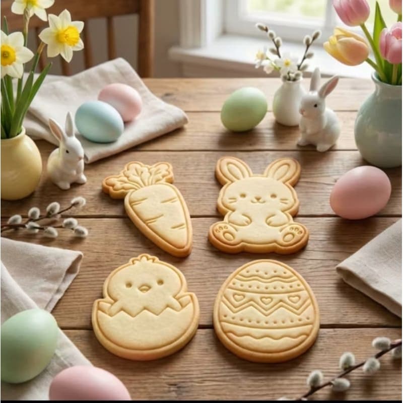 Kit 4 Cortadores de Biscoito Páscoa com Carimbo – Coelho Ovo Cenoura Pintinho – Molde Cookie Decorado Doces Cortador