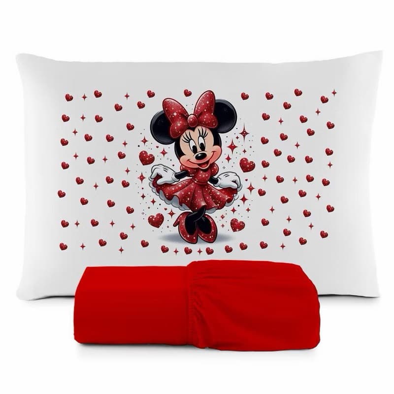 JOGO DE LENÇOL SOLTEIRO 2 PEÇAS, LENÇOL DE ELASTICO, CAPA DE TRAVESSEIRO, MINNIE CORAÇÃO