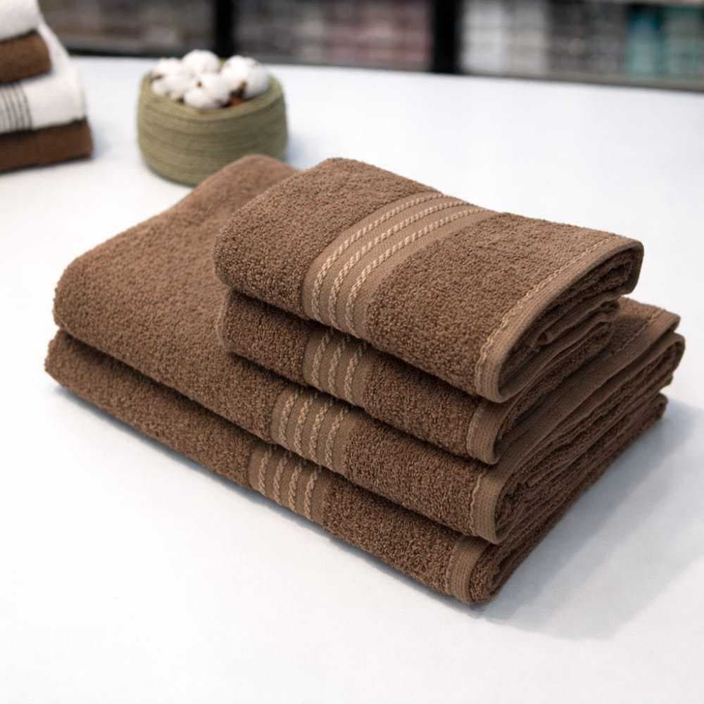 Toalhas Banho e Rosto, marrom, barramento detalhado, 100% algodão, 400g, super macia, durável, elegante, Majestosa Casa.