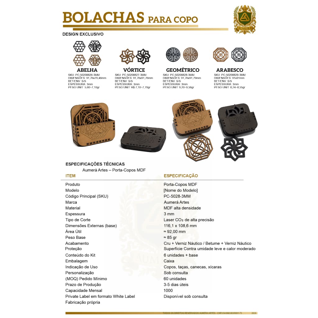 Porta Copos MDF Kit 6 Unidades com Base Organizadora | 9cm | Nas cores Natural(cru) ou Betumado