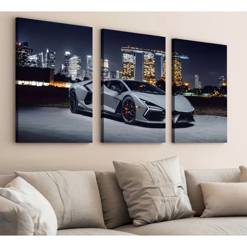 Kit 3 Quadros Decorativos Super Carro Esportivo Cidade Noturna – Decoração Moderna Escritório e Quarto