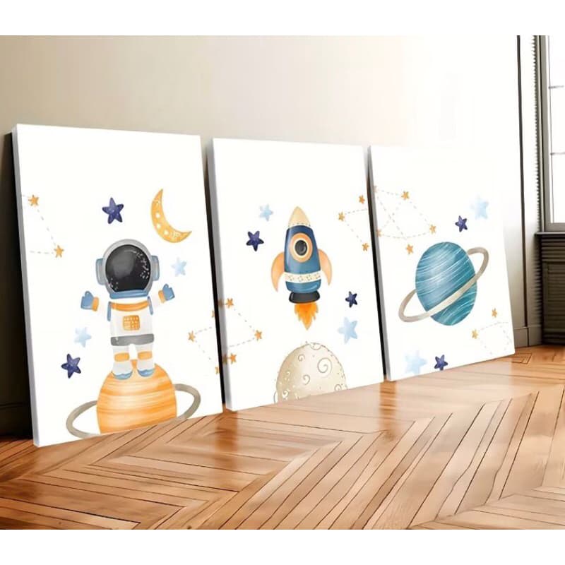 Kit 3 Quadros Decorativos Infantil Astronauta e Foguete Aquarela – Decoração Quarto de Bebê e Criança Espaço
