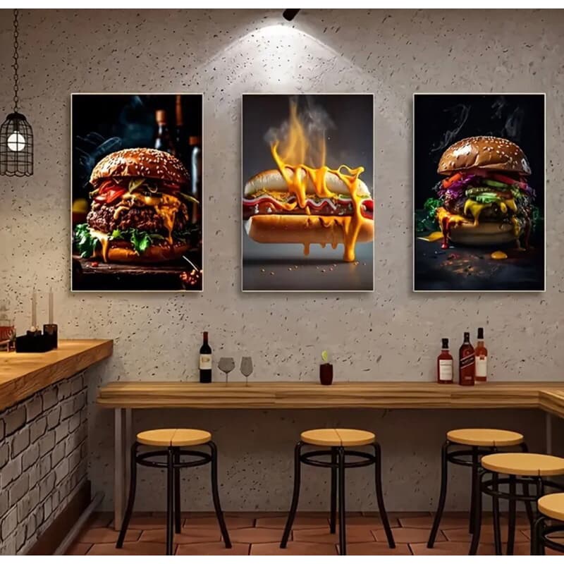 Kit 3 Quadros Lanchonete Fast Food Hamburguer Hot Dog Artesanal Decoração Restaurante e Cozinha