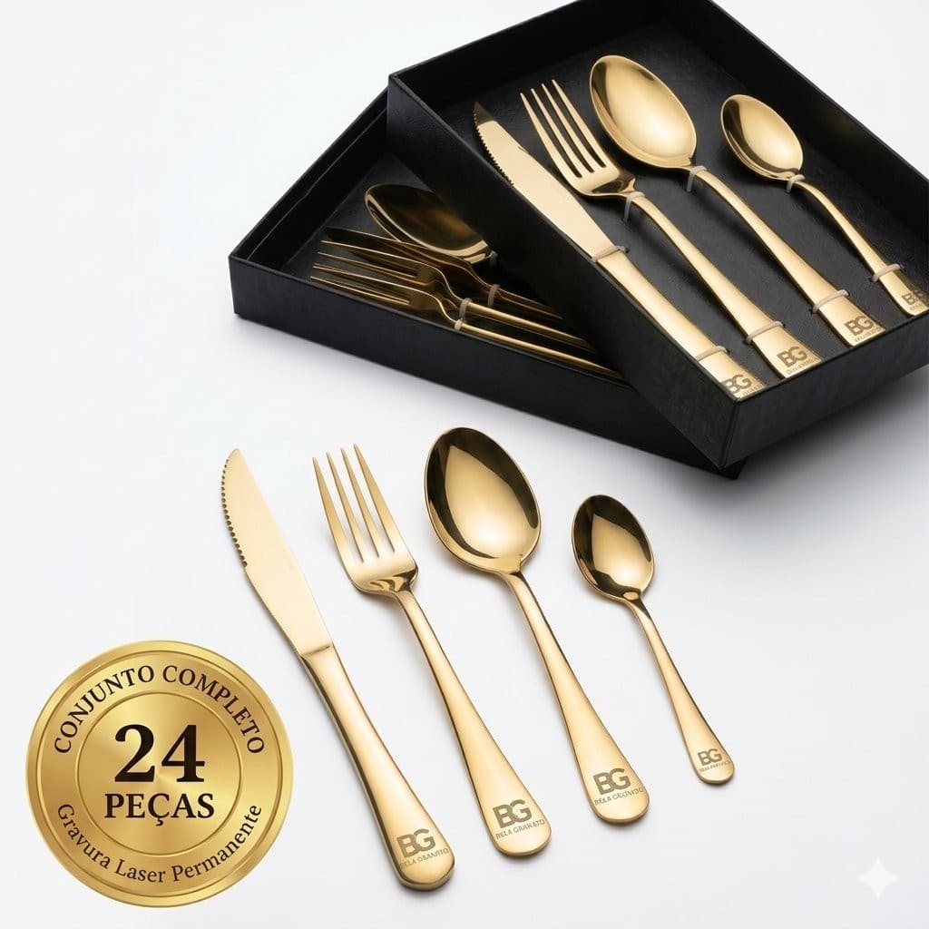 Faqueiro Talheres Dourado 24 Peças Aço Inox Luxo Personalizado com Nome/Logo + Caixa Presente