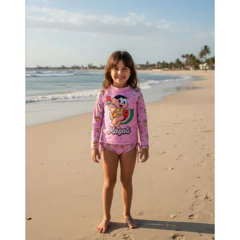 Roupa de Banho moda praia com proteção UV50 da Magali Turma da Mônica.