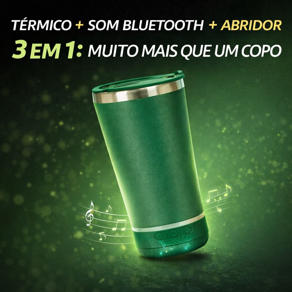 Copo Térmico Bluetooth com Som LED Tampa e Abridor 420ml Aço