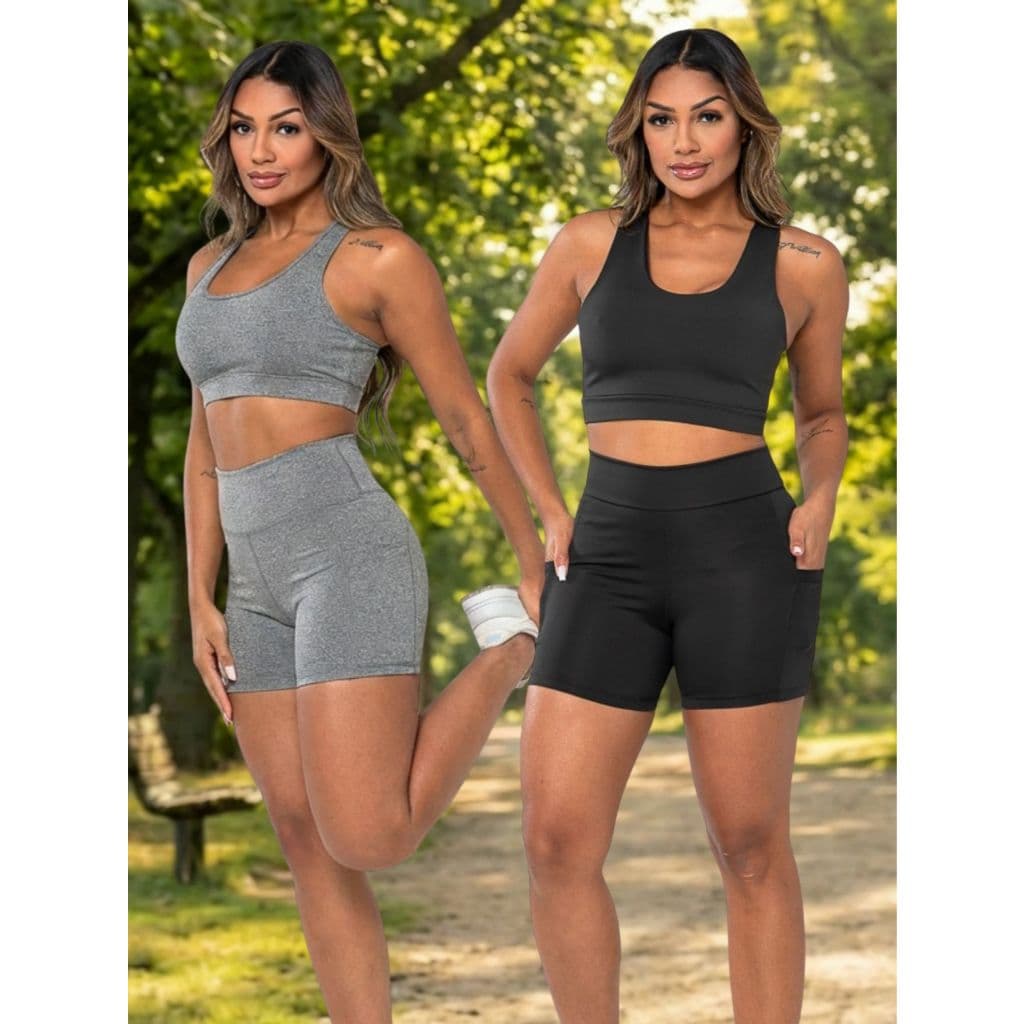 Kit 2 Conjuntos Virginia Running Top + Short com Bolso Feminino Cintura Alta Corrida Academia Treino Fitness Confortável