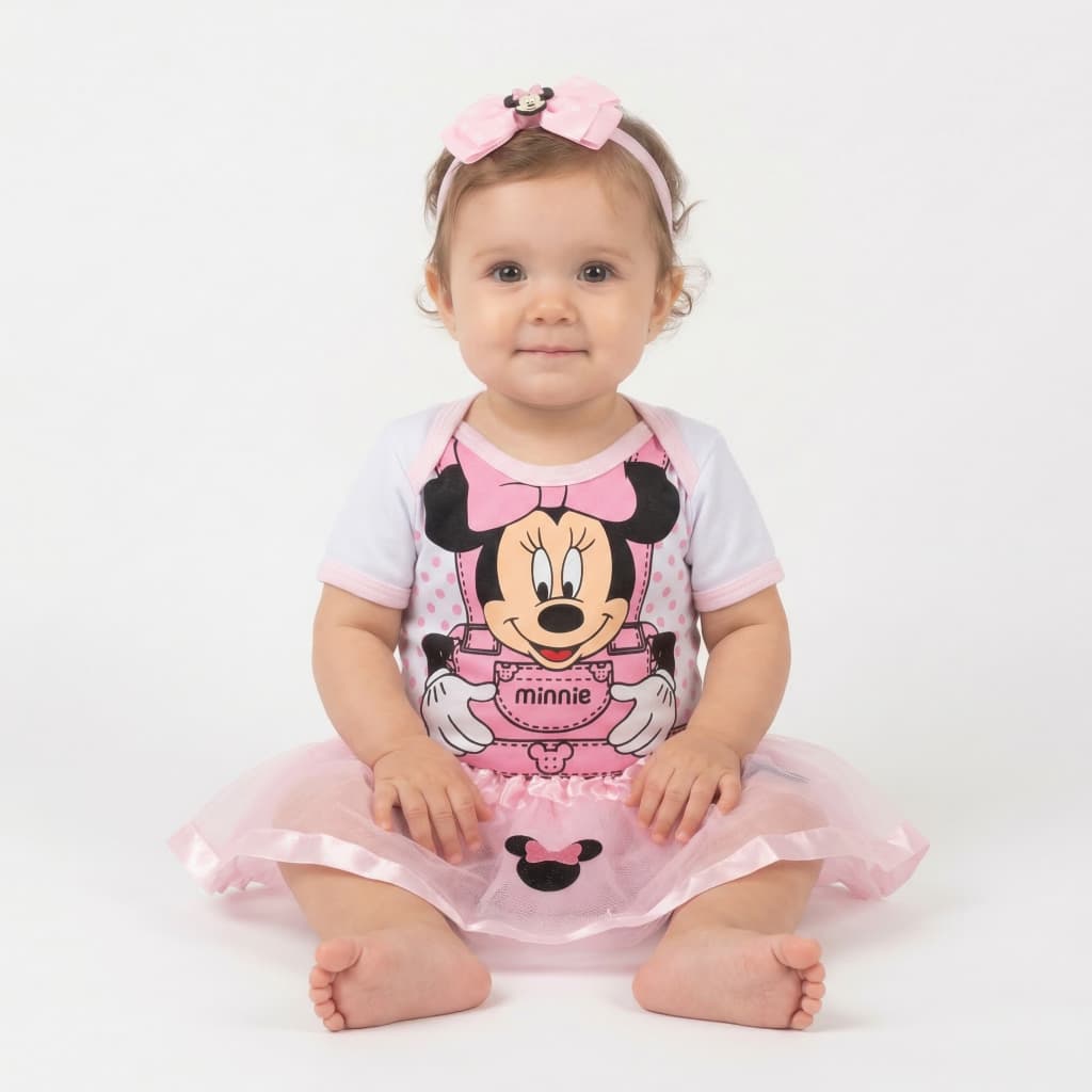 Macacão Menina Bebê Minnie Mesversario Body Laço e Saia Mickey
