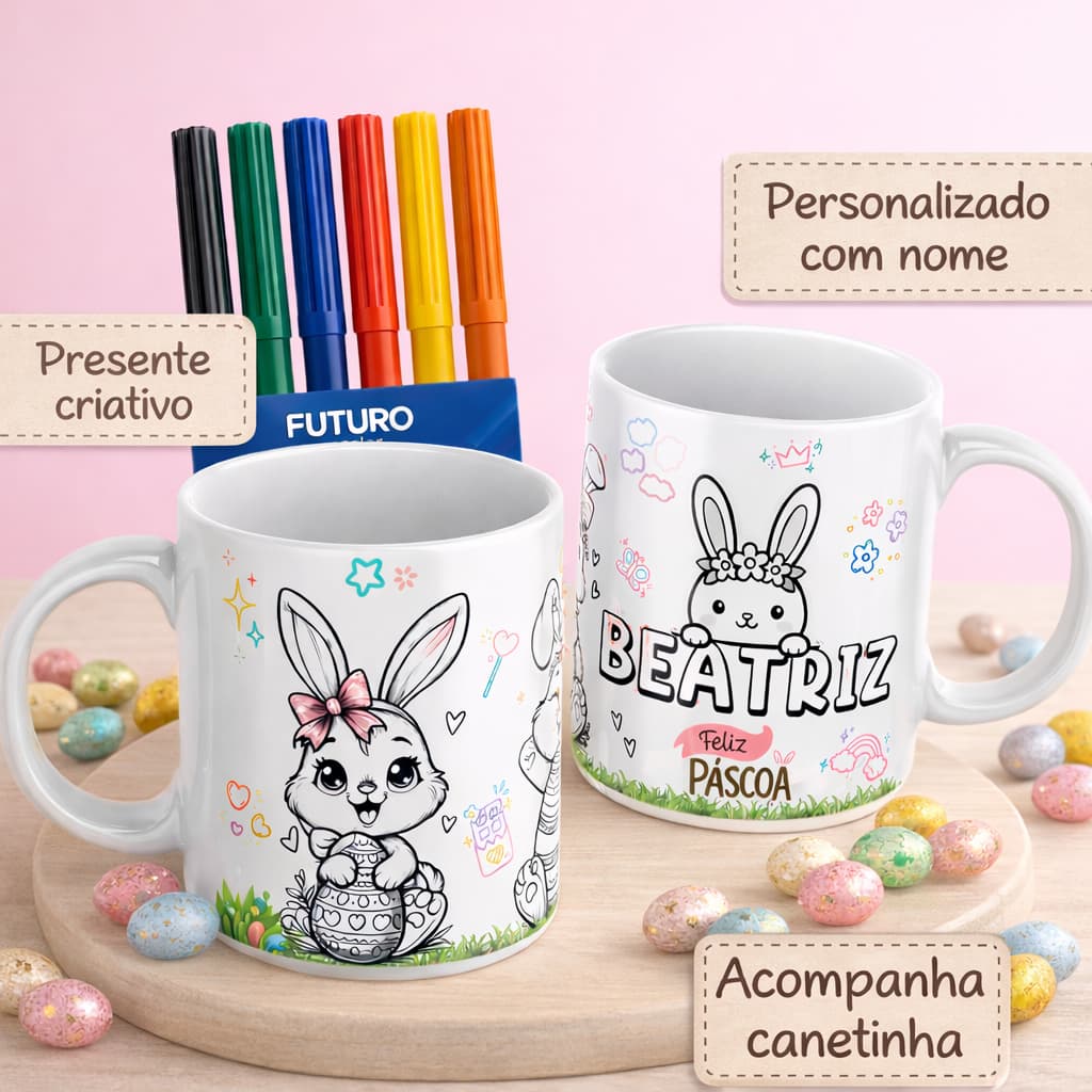 Caneca Infantil Pintar Personalizada Nome + Canetinhas Pinte e Apague Presente Criativo de Páscoa