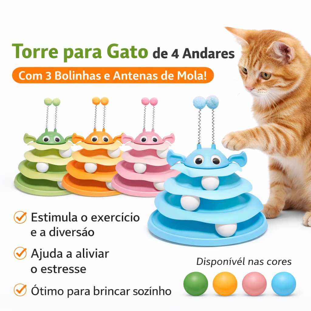 Brinquedo Interativo Para Gatos Torre De Bolinhas 4 Níveis Pets Corre Corre Catnip Bolinha Com Guizo
