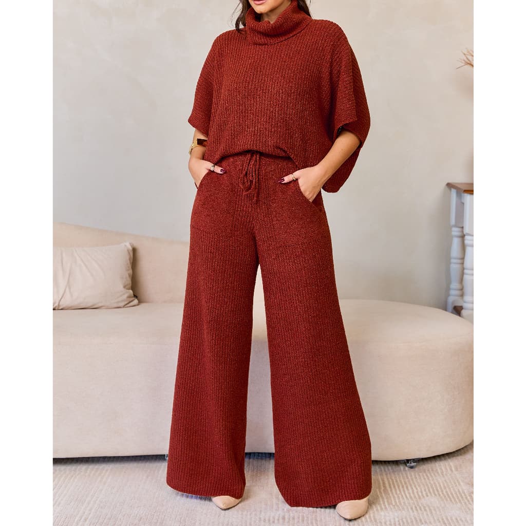 Conjunto Feminino Tricot Mousse Ponto Fang Gola Alta Manga 3/4 Inverno Elegante Luxo Veste 36 Ao 44