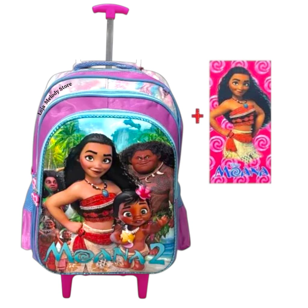 🎒✨ Mochila Infantil com Rodinha 3D Moana + Brinde 🎁