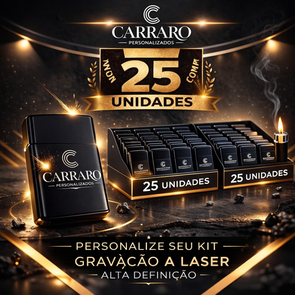 🔴 Kit 25 Isqueiros Premium Black Piano - Personalização Laser HD (Recarregável)