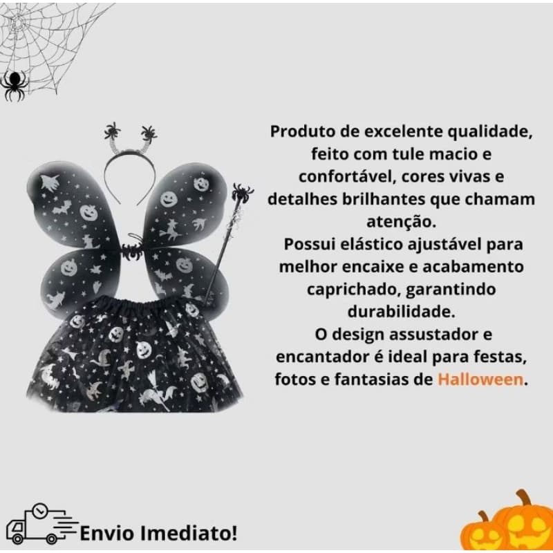 Fantasia Infantil Halloween Bruxinha com Asas, Varinha e Saia 30cm – Kit Prata/Dourado