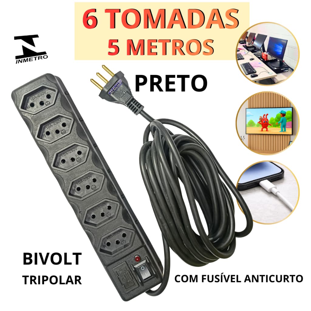 Régua Filtro De Linha 6 Tomadas 5 Metros Preta Bivolt 110/220 Com Fusível de Proteção
