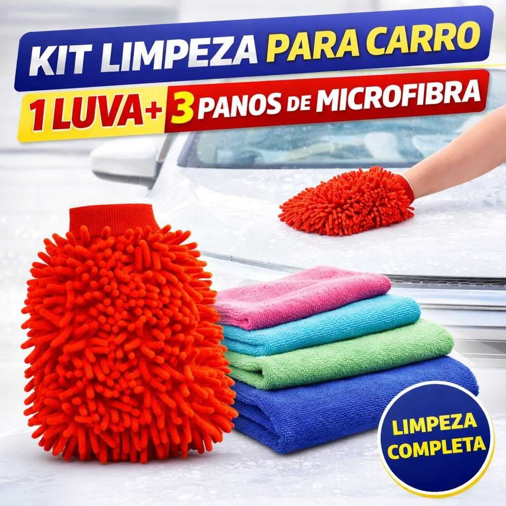 Kit Com 3 Panos 35 x55 Cm Limpeza Microfibra + Luva Para Limpeza Casa Carros Moto Super Macia Otima Qualidade  Pratico