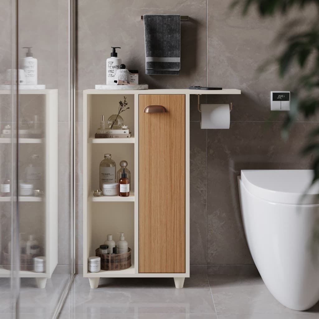 Armário Banheiro Organizador Compacto Solution  Porta Nicho Suporte Papel Higiênico Off White/Savana