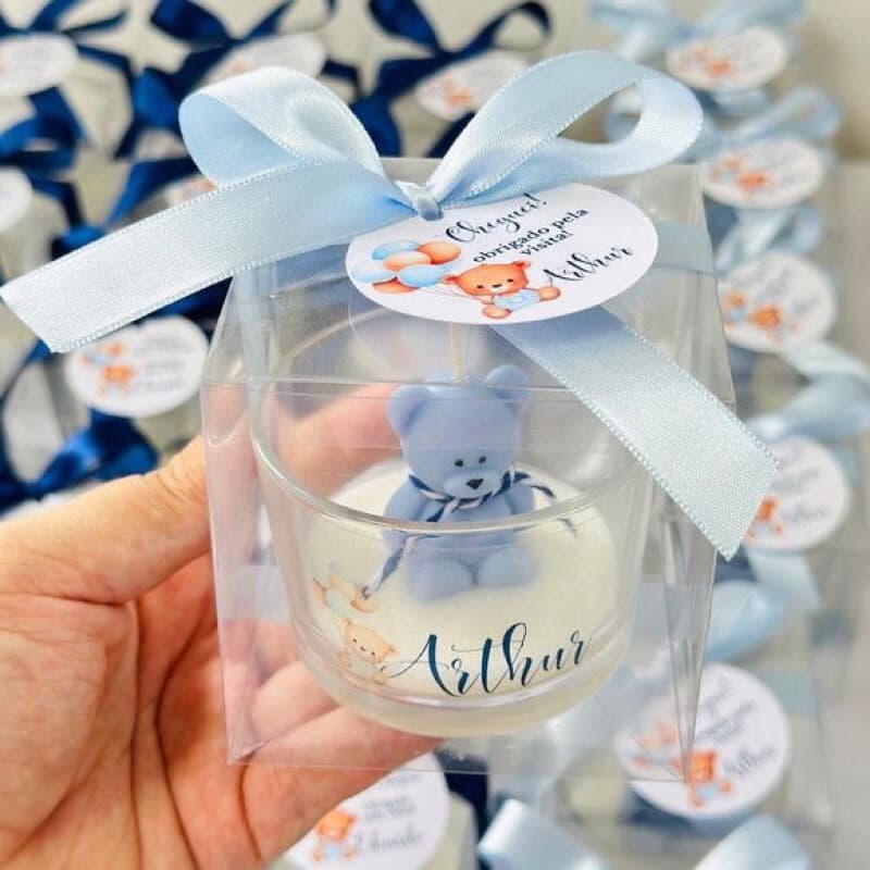 kit 20 Vela Aromática Ursinho no Copo com Caixa de Acetato Lembrancinha Personalizada com Tag velas artesanal aromáticas