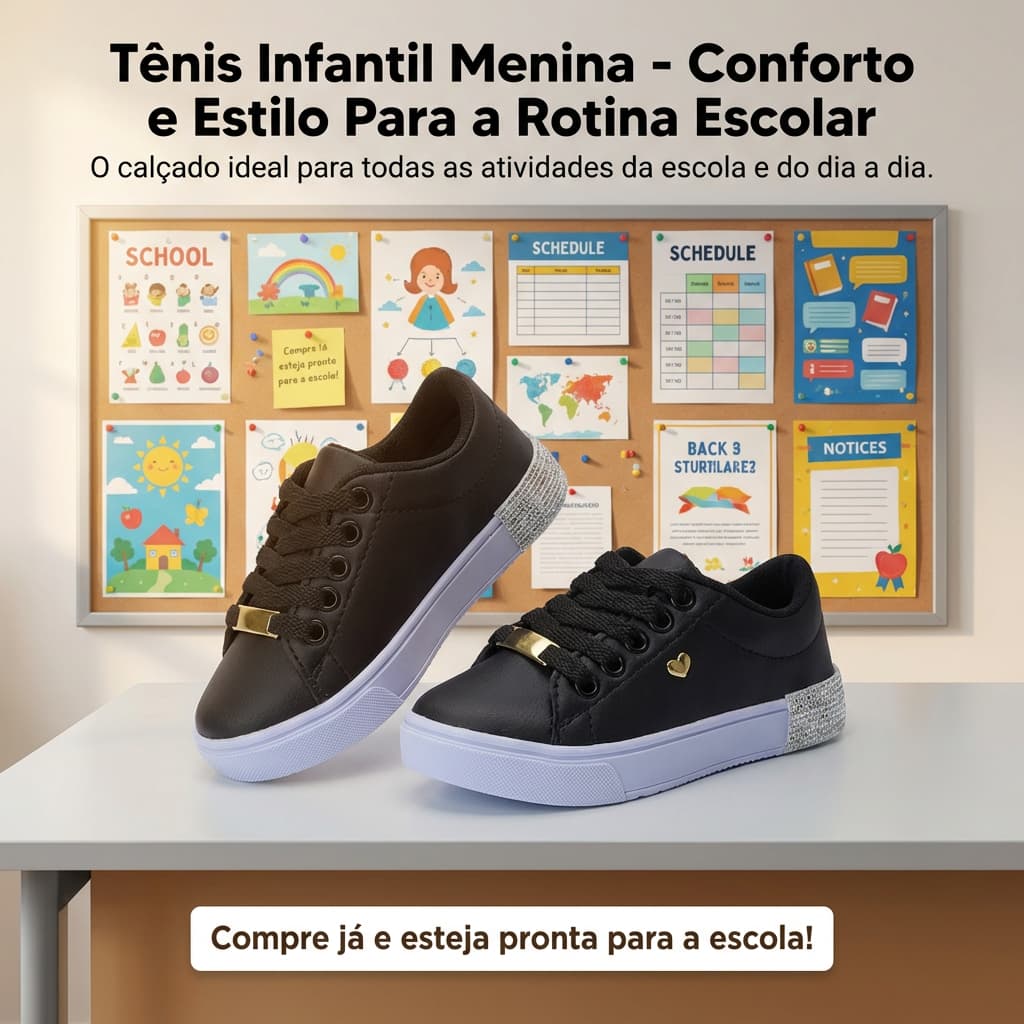 Tênis De Menina Preto Coração Dourado | Leve e Confortável Com Solado Gliter 25 ao 36| COMPRE AGORA!