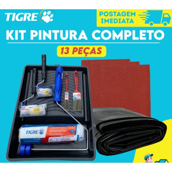 Kit Pintura Parede 13 Peças – Rolo de Lã, Lixa, Pincel e Lona Plástica | Completo e Econômico