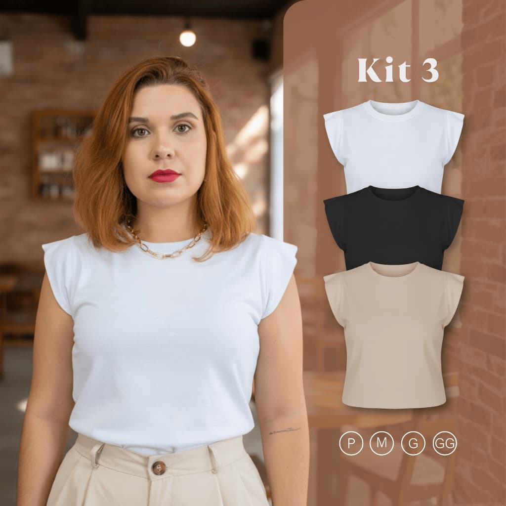 Blusa T Shirt Feminina Muscle Tee Algodão Elegante com Ombreira Kit com 3