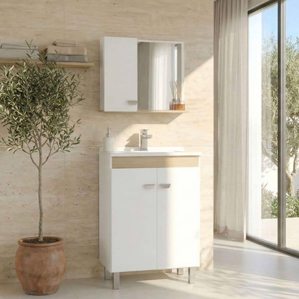 Balcão Armário Completo com Pia Banheiro Kit Econômico Carvalho Branco Com Pés 60cm Fabribam