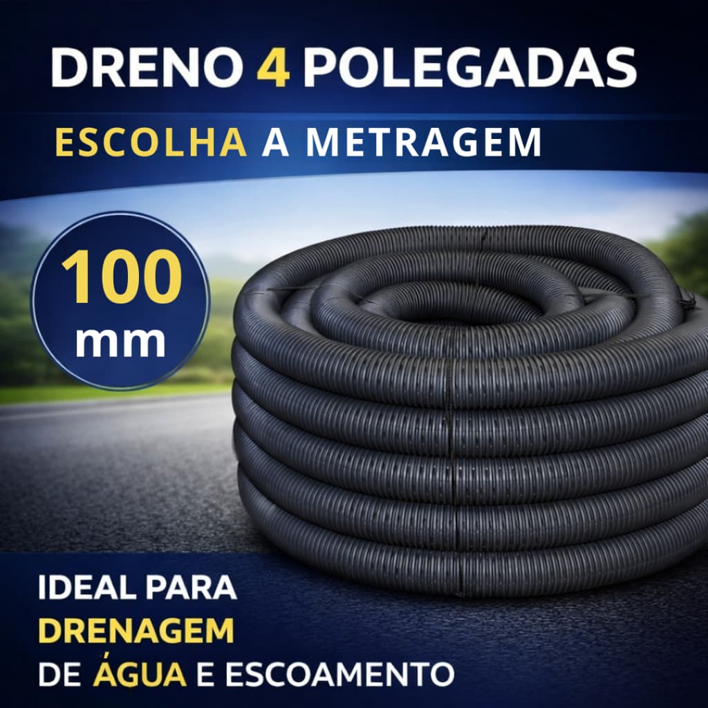 Tubo Duto PEAD Corrugado Dreno Perfurado 4 pol (100mm) Rolo 10 Metros