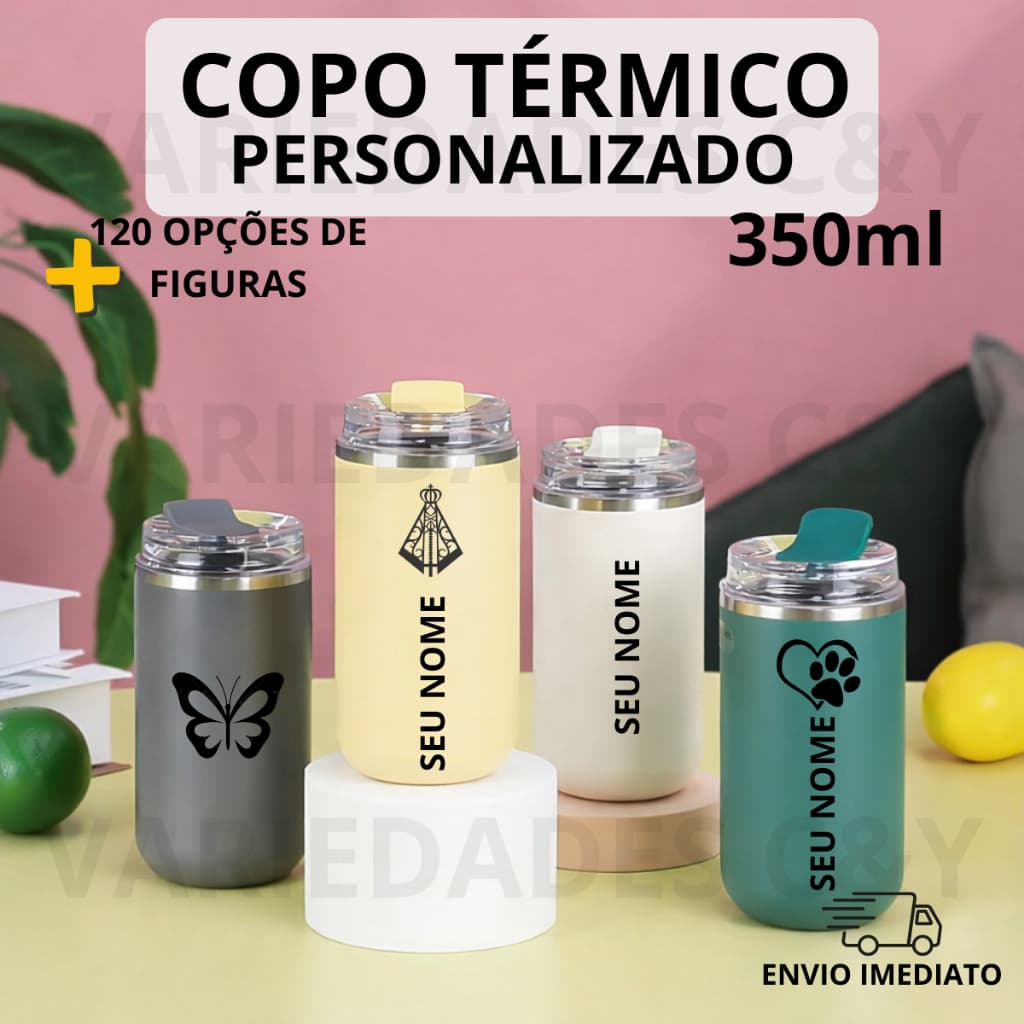 Copo 350ml Térmico com Gravação a Laser Personalizado com Nome mais Figura para Carro Faculdade Trabalho