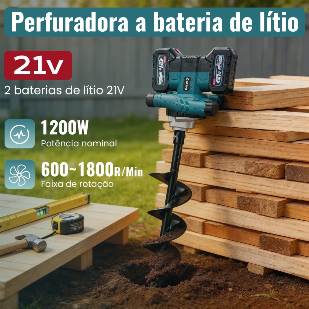 【GENAI】21V Perfuradora de Solo Sem Fio Kit Completo+2 Baterias e Broca M14 Perfuradora de Terra para Jardim,Broca de ge