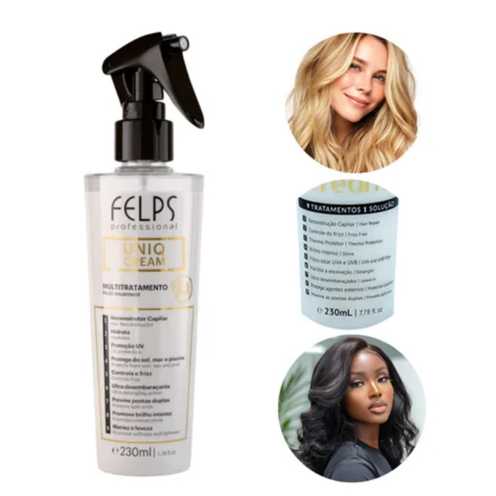 Felps Uniq Cream Leave-in 9 em 1 230ml | Hidratação, Proteção, Térmica e Brilho, Tratamento Completo