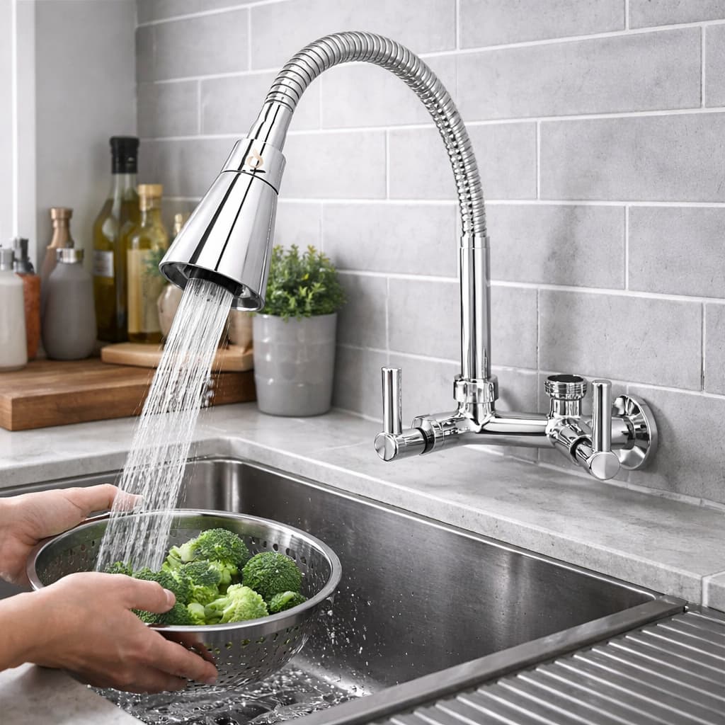 Torneira Pia Parede Com Adaptador De Filtro Maquina De Lavar Cromada Flexível Gourmet Resistente
