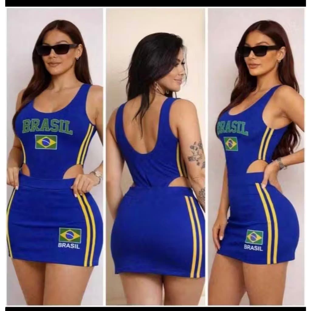 Conjunto Feminino Saia E Body Cavado Blusa Do Brasil Blusa Da Seleção Brasileira Copa.
