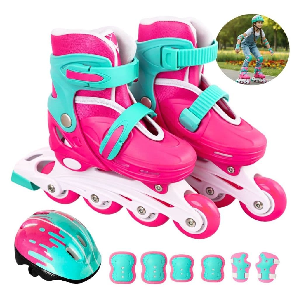 Patins 4 Rodas Infantil Inline Ajustável Rosa + Proteção