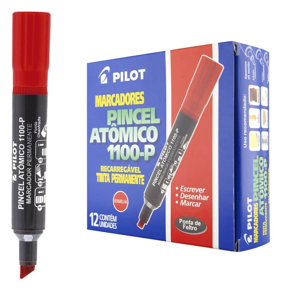 Caixa 12 Pincel Atômico VERMELHO Pilot Marcador Permanente 1100-P Chanfrado