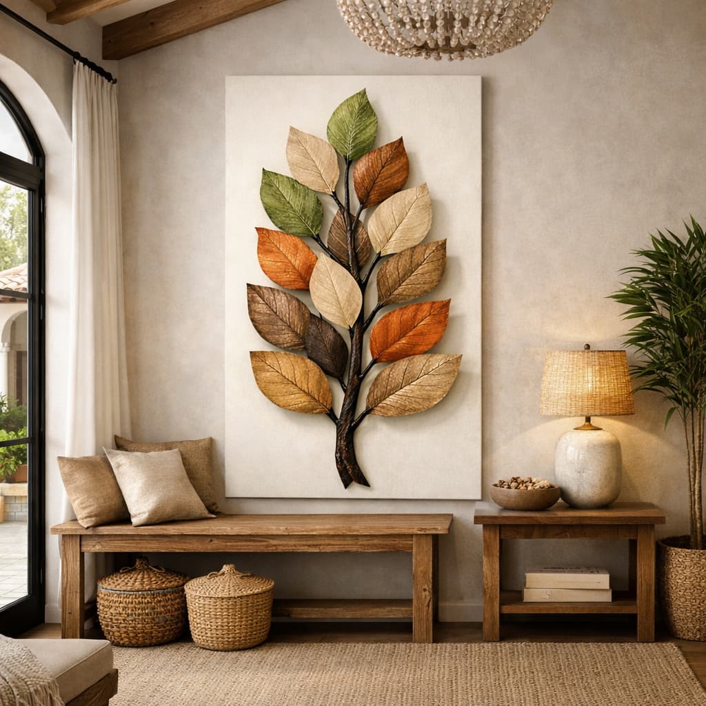Quadro Decorativo Folhagem Clean Bege Minimalista Leve Folhas Coloridas Vibrantes Luxuosa Abstrata