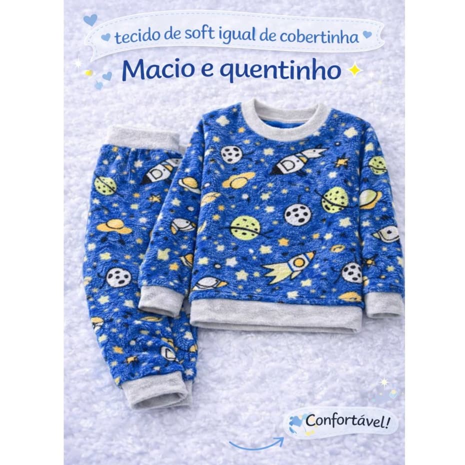 Pijama infantil Masculino Soft Fleece Inverno Fechado Quentinho Menino do Tamanho 2 Ao 12