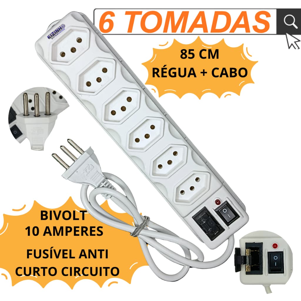 Filtro de Linha 6 Tomadas Branca Régua Elétrica Bivolt 127/220 10A  Fusível de Proteção 3A Anti Curto Circuito - 85cm