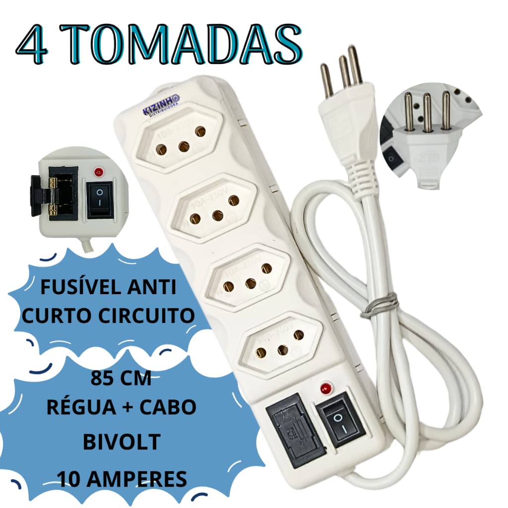 Filtro de Linha Régua 4 tomadas Tripolar 10A Fusível 3A 85cm Régua + Cabo Mais Praticidade no seu dia Pronta Para Uso