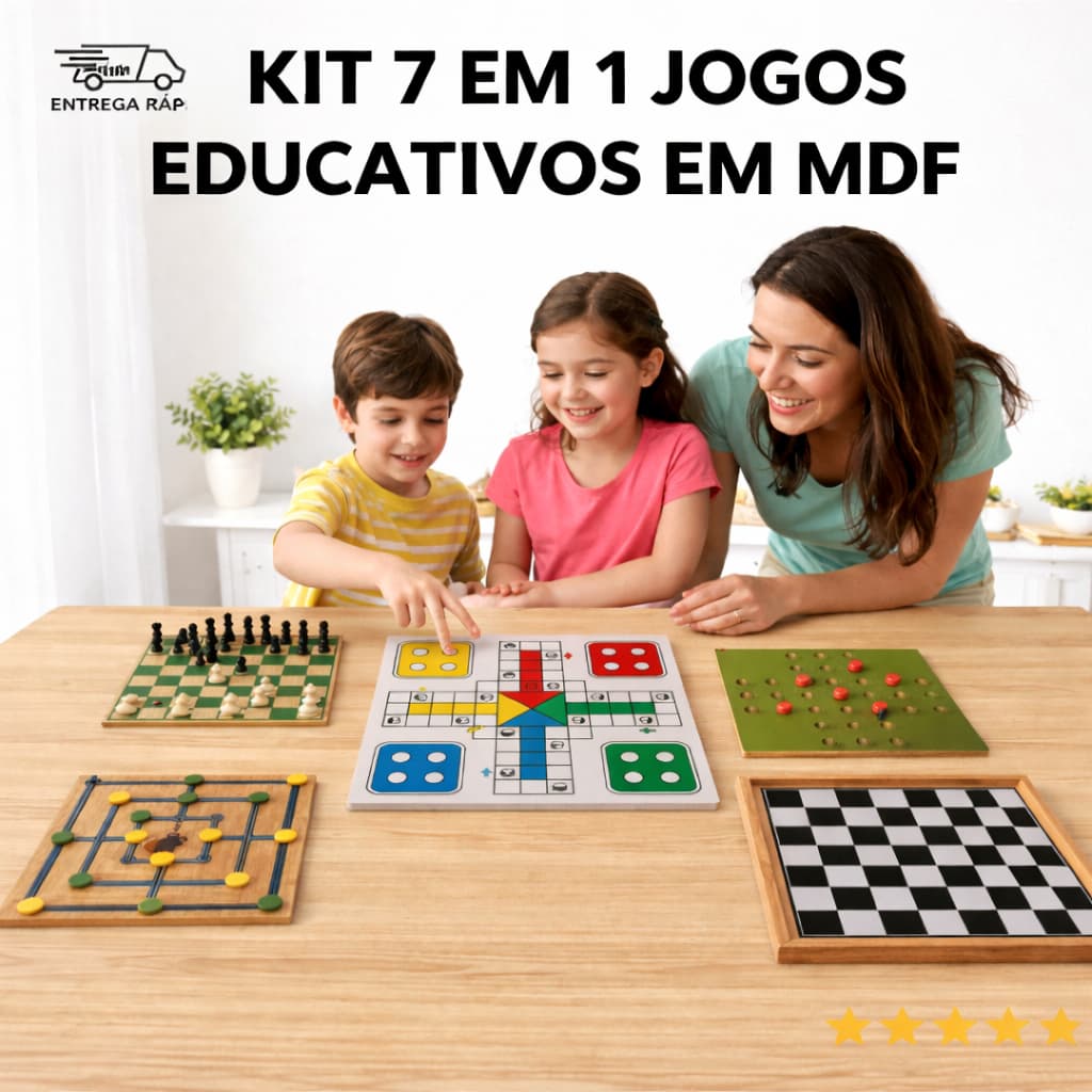 JOGO TABULEIRO MDF MONTESSORI 7 EM 1 XADREZ DAMA JOGO DA VELHA LUDO TRILHA DOMINÓ RESTA 1