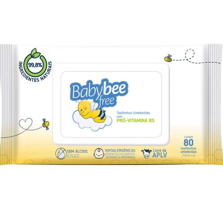 Lenço Toalhas Toalhinha Umedecidas pele  Pró-Vitamina B5 Infantil Bebê de Origem Natural com 80 unidades BabyBee Free